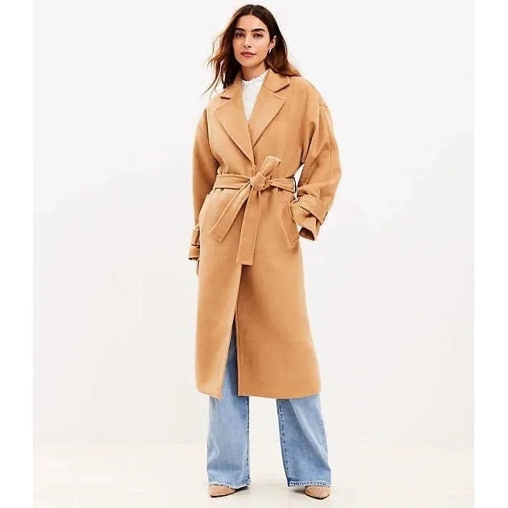 LOFT The Modern Tie Waist Wool Blend‎ Trench Coat Size Small Petite